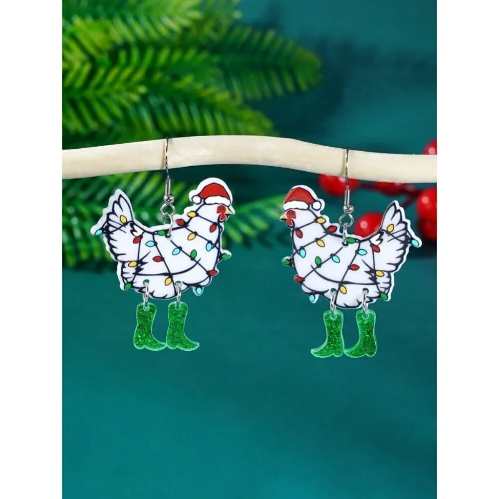 1pair European American Fashion Christmas Hat & Chicken Shaped Light Up Earrings